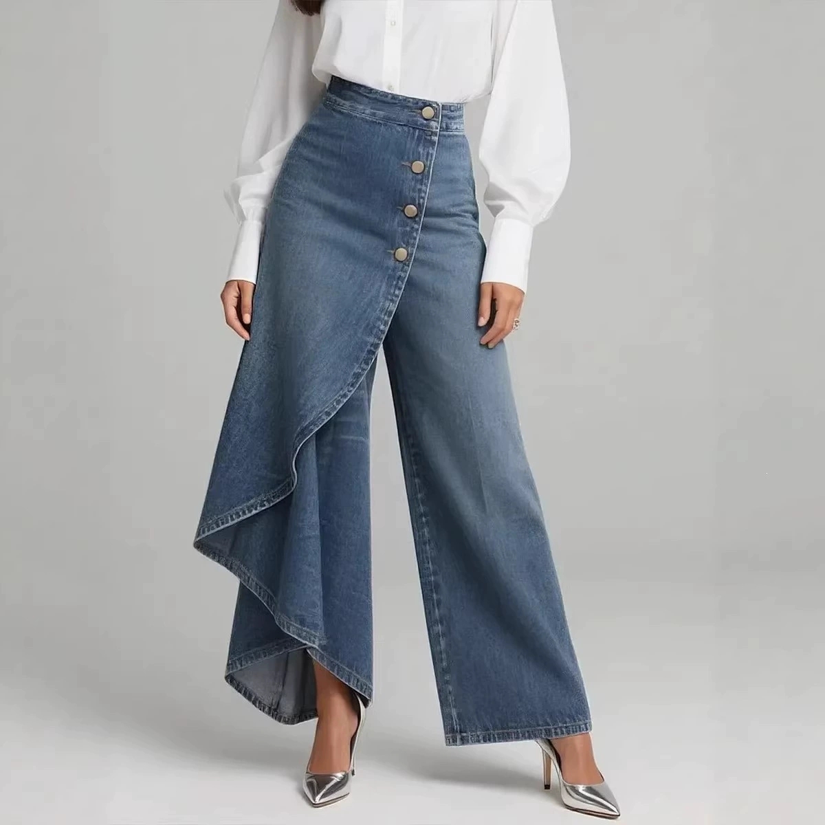 Long Hem High Waist Multi-Button Jeans