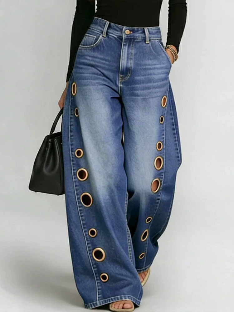 Metal Eyelet High Waist Wide Leg Jeans